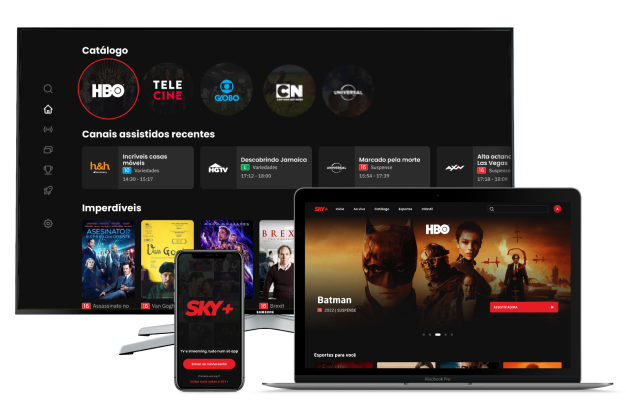 Interface do SKY+ com filmes, séries e canais ao vivo em diferentes dispositivos